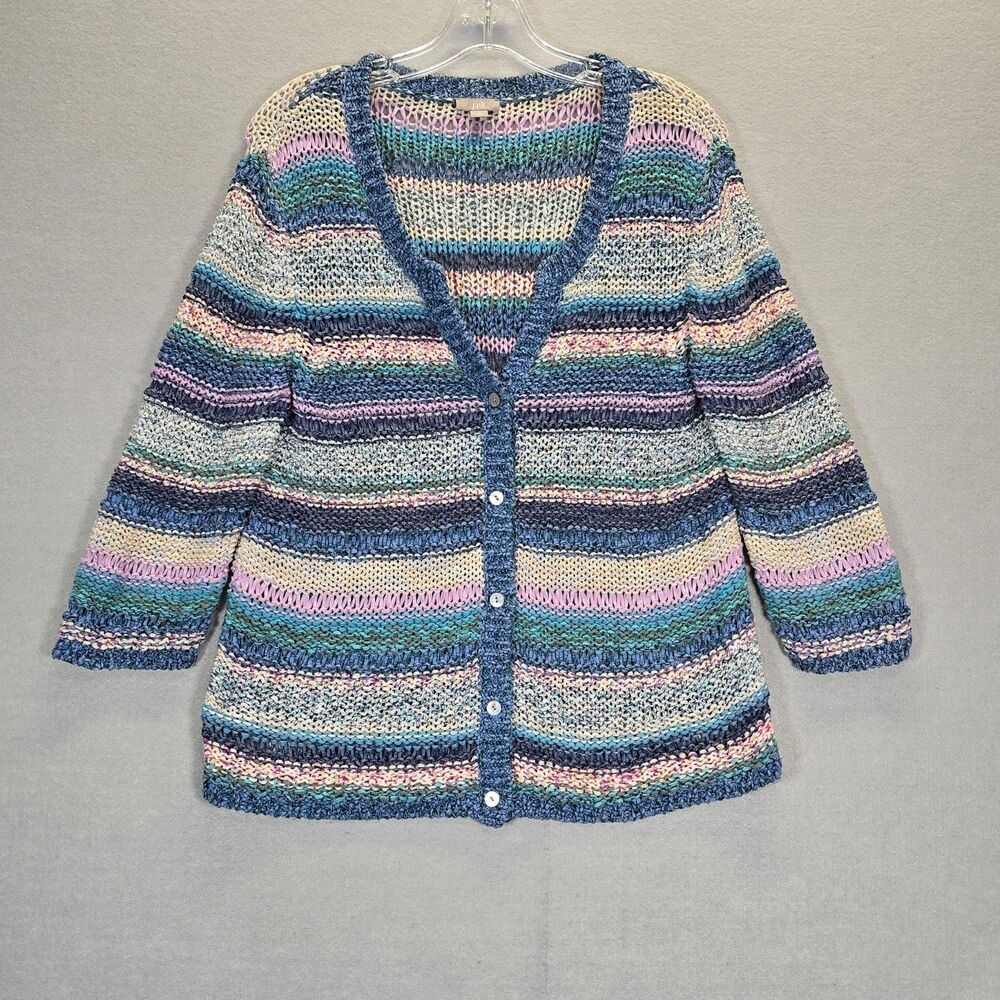 J Jill Sweater Cardigan Sweater Womens M Rainbow Striped Chunky Knit Workwear